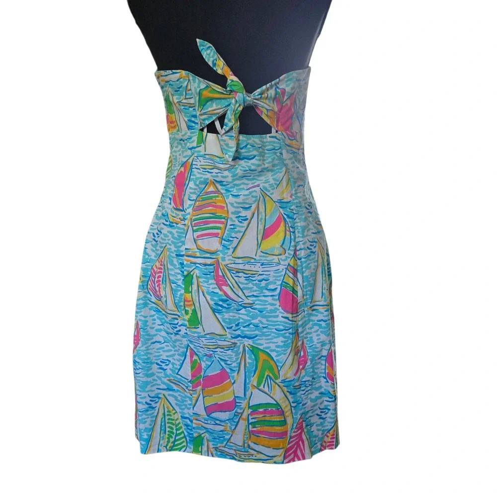 Lilly Pulitzer Sailboat Print Strapless Dress Blue Pink Cotton Size 10 - Picture 6 of 11